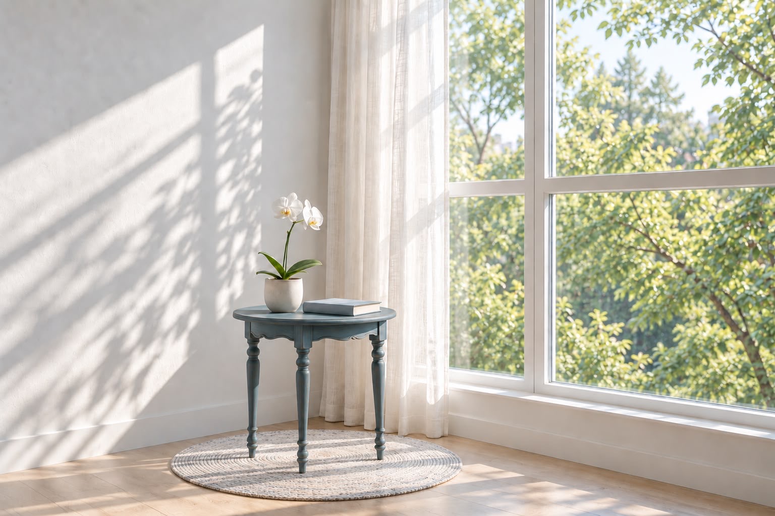 Ambiente claro e acolhedor com mesa de apoio azul, orquídea branca, livro, tapete redondo e janela ampla com vista para árvores
